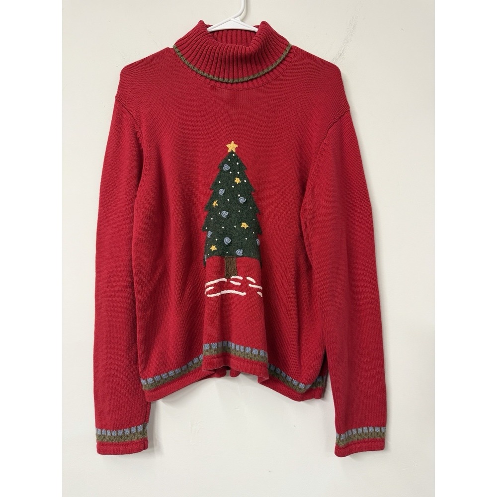 Orvis Women's Large Red Cotton Wool Knit Sweater Christmas‎ Tree Turtle Neck